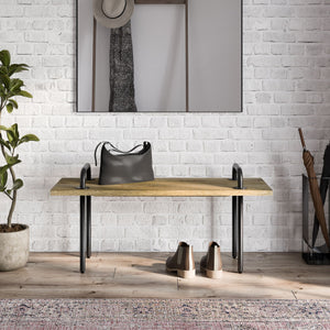 Light Brown Entryway Bench with Metal Legs - Solid Wood