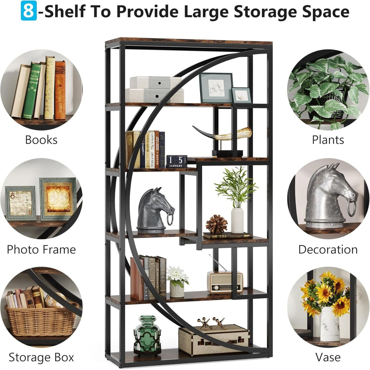 5 Tier Etagere Bookshelf With 8 Open Shelves Organizer For Living Room