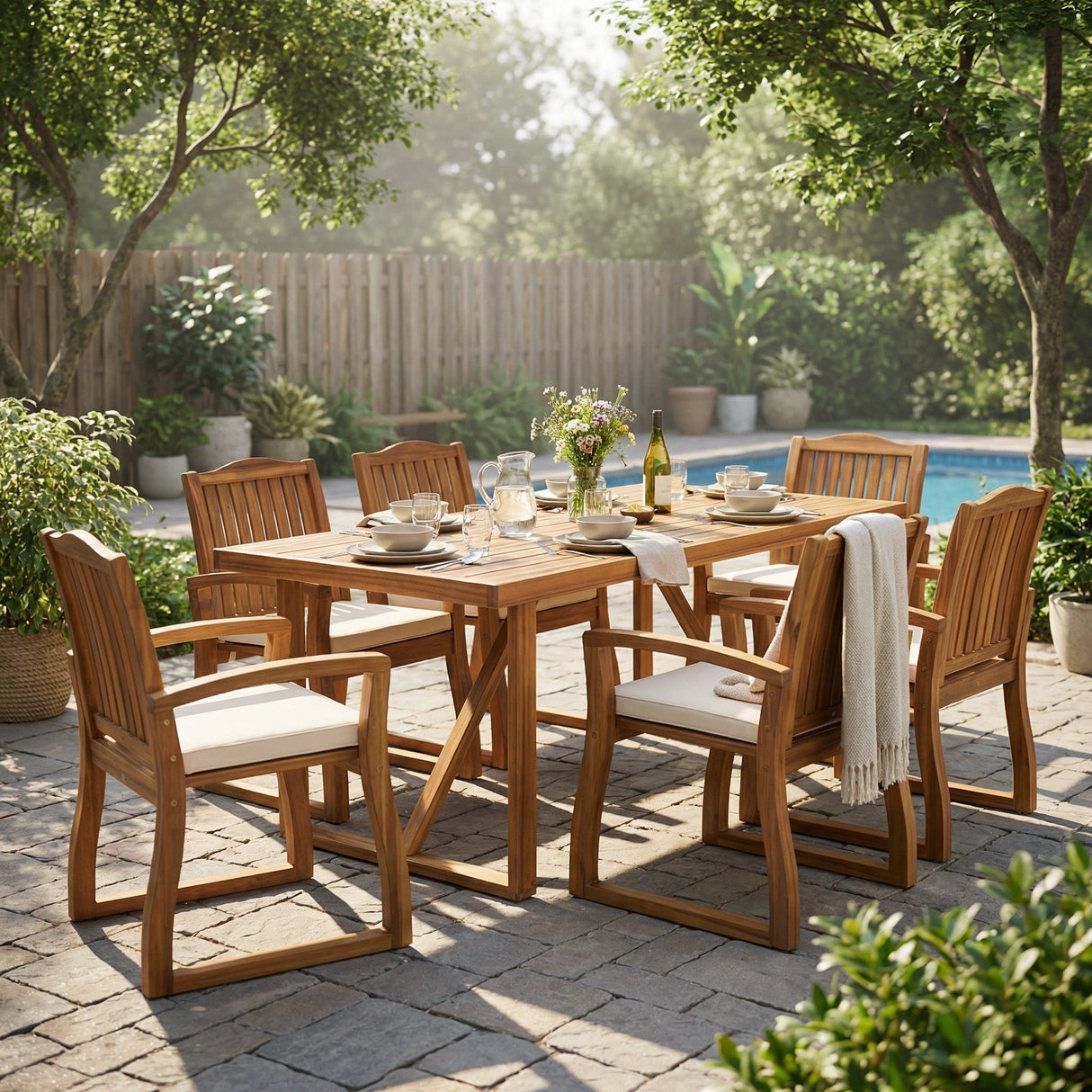 7 Pieces Acacia Wood Outdoor Dining Set with Cream Cushions