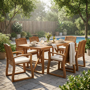 7 Pieces Acacia Wood Outdoor Dining Set with Cream Cushions