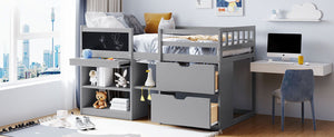 Low Loft Bed With Rolling Desk, Shelf And Drawers