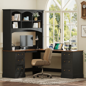 Space-Saving L-Shaped Computer Desk with Keyboard Tray & Charging Stations