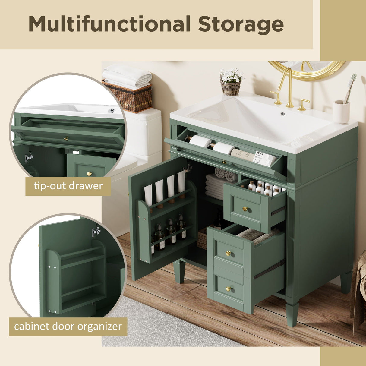Bathroom Vanity With Top Sink, Storage Cabinet, 2 Drawers, Tip Out Drawer
