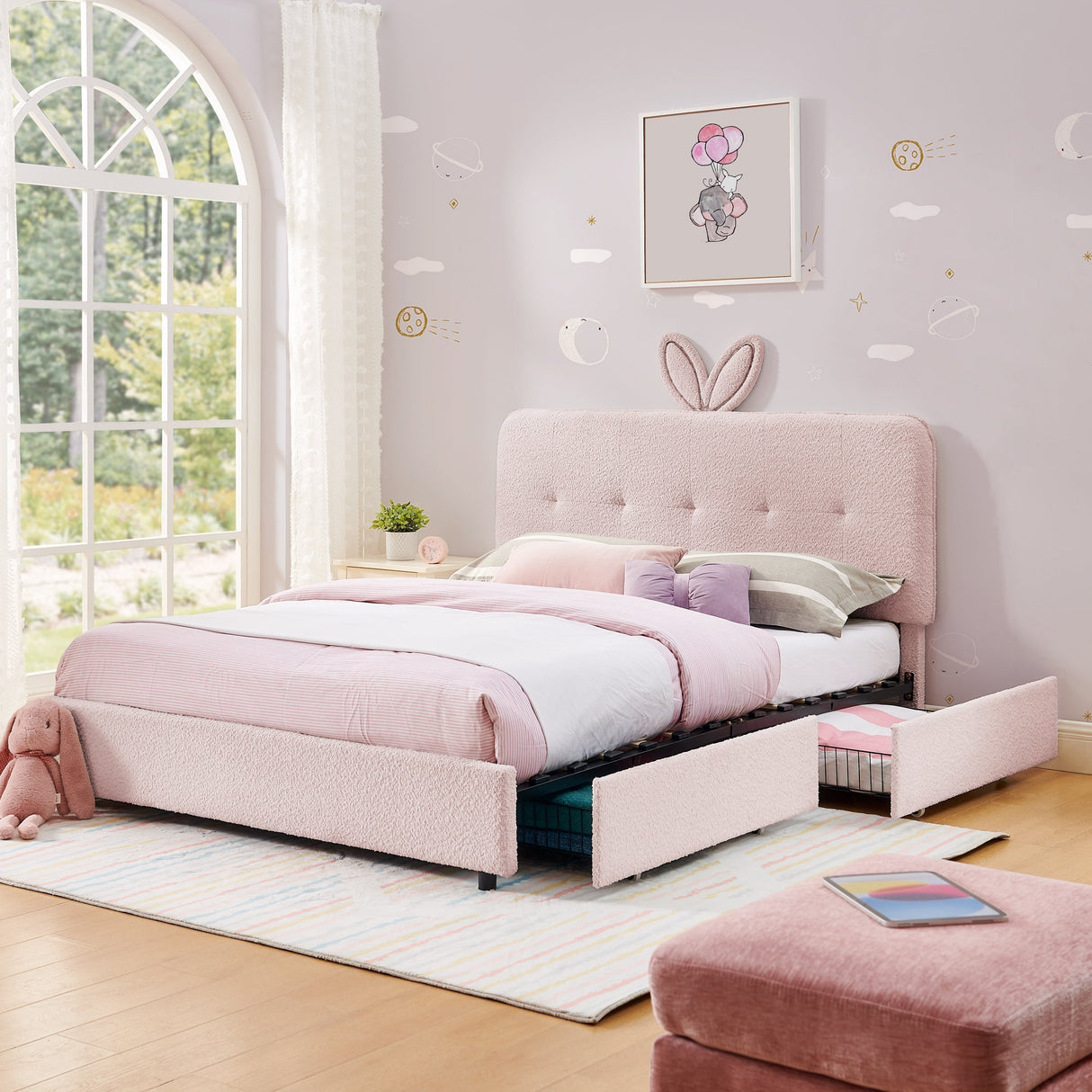 Full Size Kids Upholstered Bed with Oversized Rabbit Ear Headboard, LED Light & 4 Storage Drawers, Boucle Fabric (79.5''X55.75''X41'')