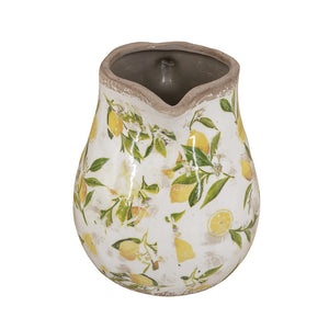 7.9x6.5x7.9" White Ceramic Pitcher Vase with Yellow Lemon Motif