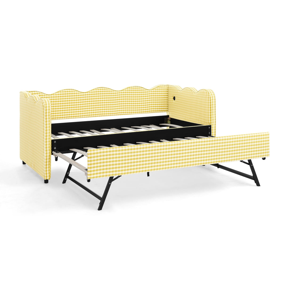 Cozy Gingham Daybed with Trundle Twin Size Sofa Bed No Box Spring Needed, with USB Port and Adorable Wave Shaped, Linen Fabric