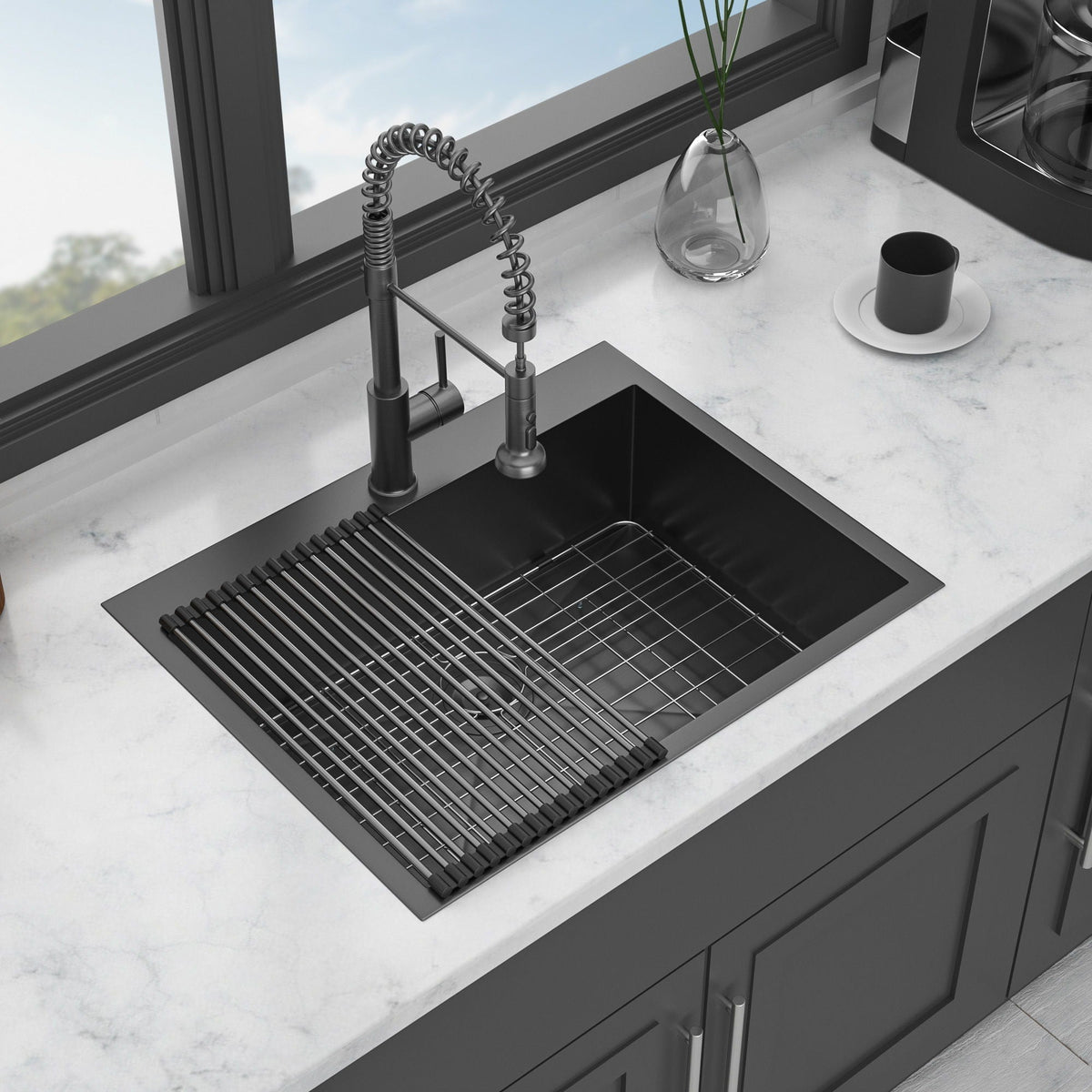 Drop In Kitchen Sink with Nano Technique Gunmetal Finish - Black