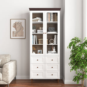 White MDF Display Storage Cabinet with Glass Doors and Adjustable Shelves