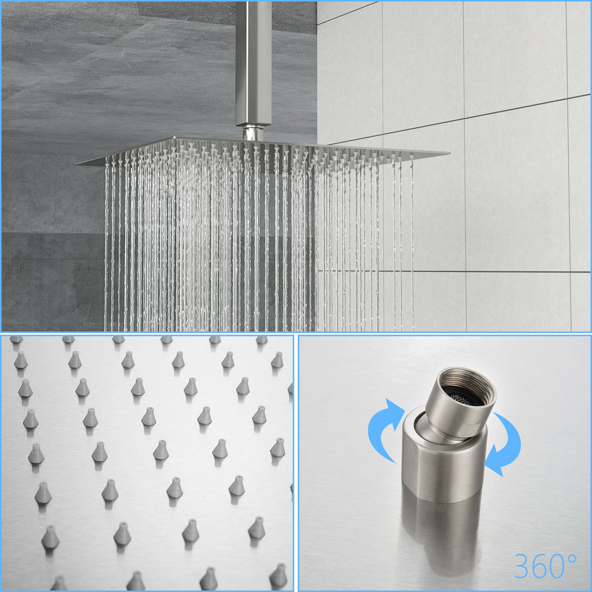 16" Square Rainfall Shower Head Fixed Wall Mount With Full Body Coverage & Self Cleaning Silicone Nozzles