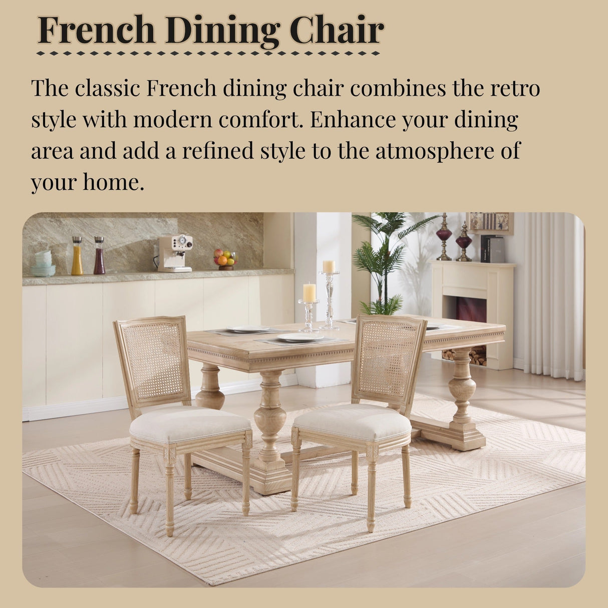 French Country Dining Chairs Set of 2 Upholstered With Natural Rattan Back