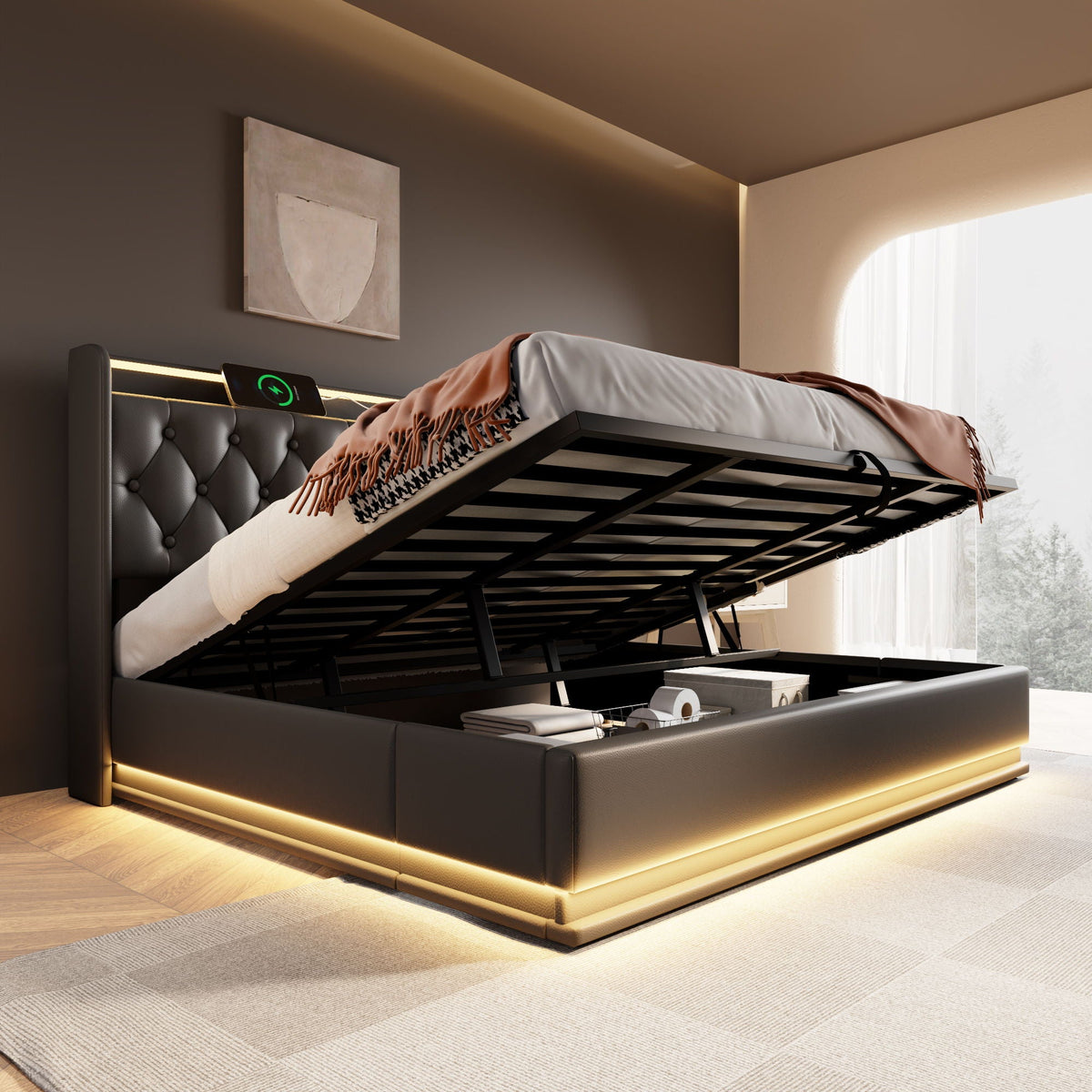 Upholstered Bed, 360 Surround LED Function, Remote Control, Hydraulic Storage Bed With USB, Type-C Charging (Without Mattress)