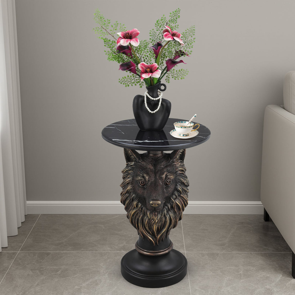 Wolf Head Accent Table Animal Statue End Tables Livingroom