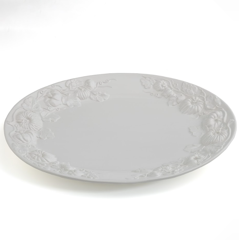 Pumpkin Leaf 20” Oval Platter, White Embossed Pumpkin Fall Harvest, Made in Italy