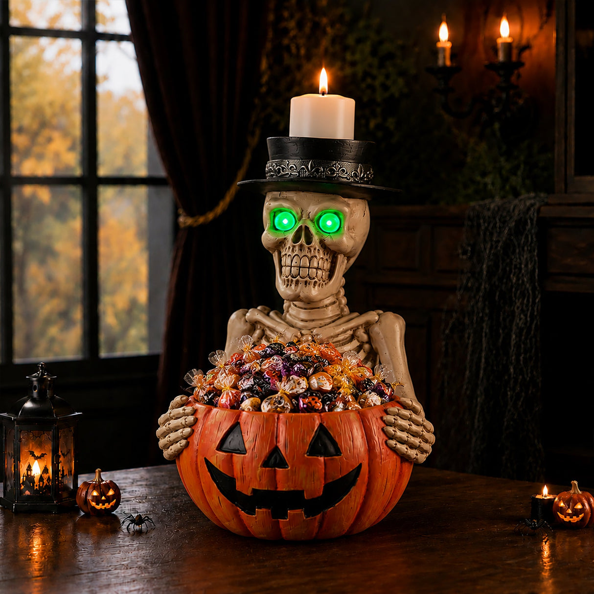 Halloween Skeleton Figurine with Pumpkin Candy Bowl & Candle Holder