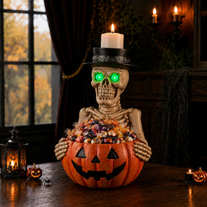 Halloween Skeleton Figurine with Pumpkin Candy Bowl & Candle Holder