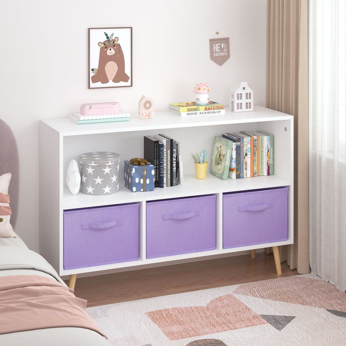 Bookcase With Collapsible Drawers, Book Display Organizer