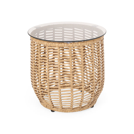 Arias Handwoven Rattan Outdoor Side Table with Tempered Glass Top