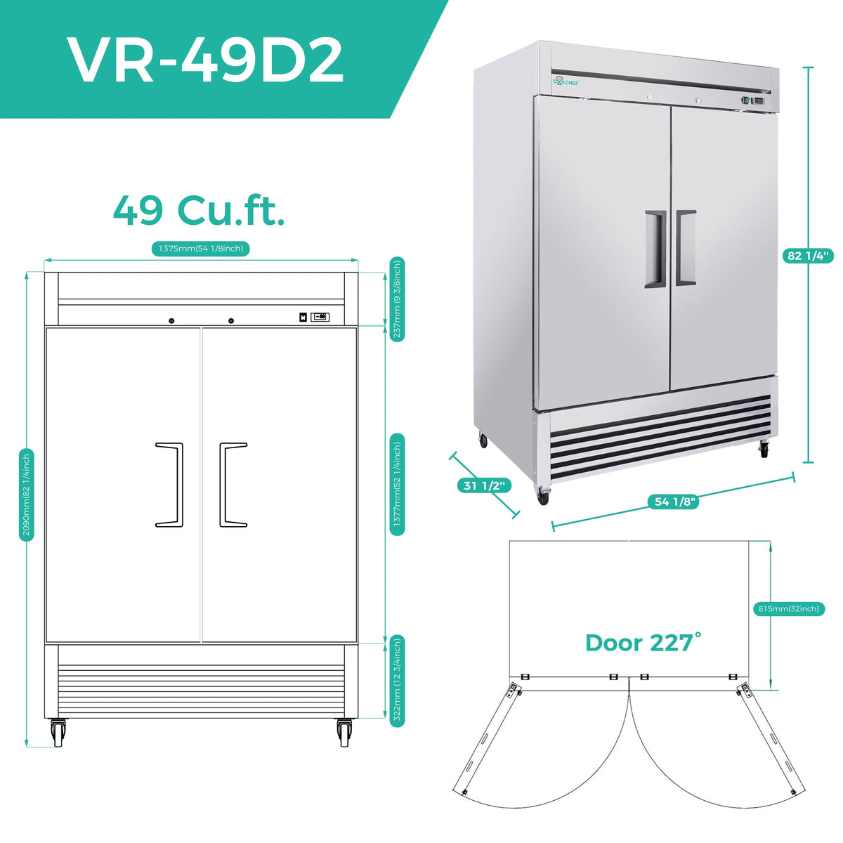 54" Commercial Refrigerator with 49 Cu.Ft Capacity - Stainless Steel, Silver