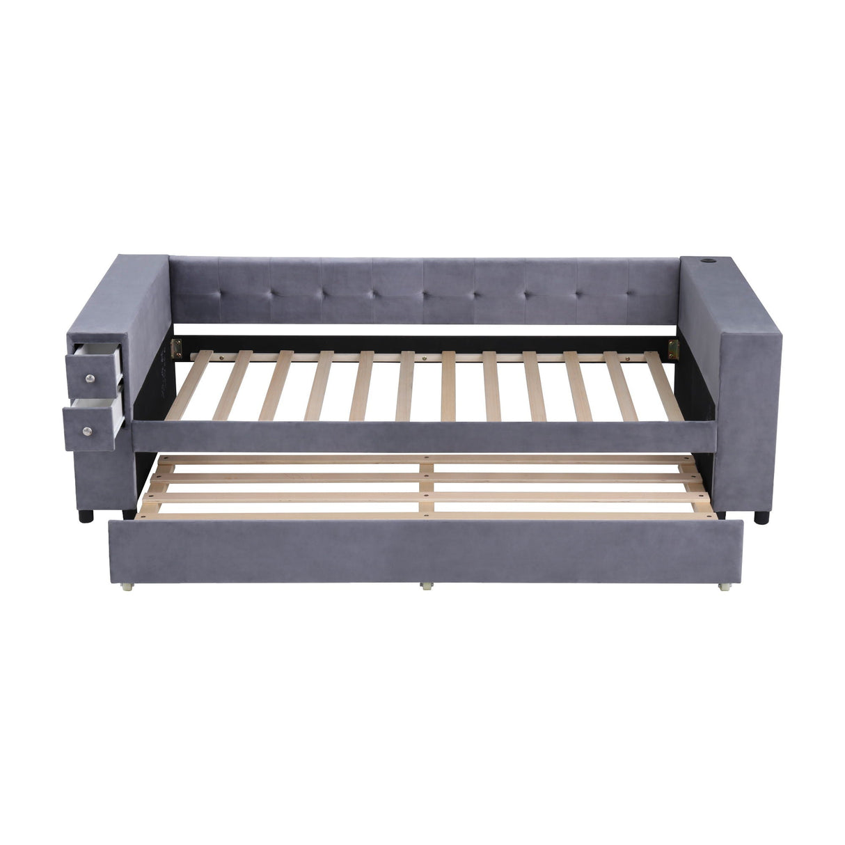 Upholstered Bed With Storage And Twin Trundle, USB Charging Ports