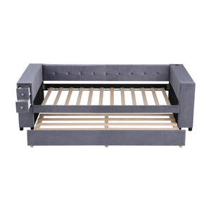 Upholstered Bed With Storage And Twin Trundle, USB Charging Ports