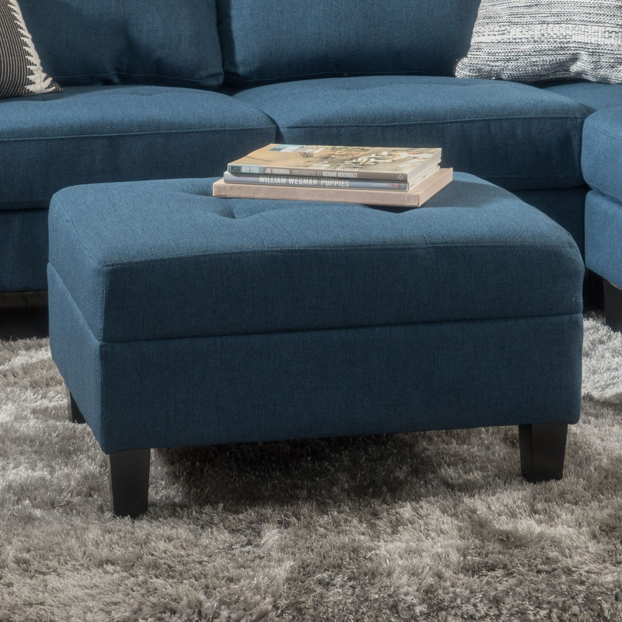 Ottoman With Birch Wood Legs And Cushioned Top For Comfort