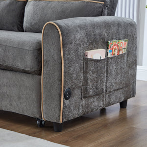 Pull Out Sofa Bed With Adjustable 3 Position Backrest, USB Charging Ports, Side Pockets