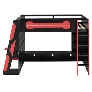 Full Size Wood Loft Bed with Desk, Multi-storage Shelves and RGB Light