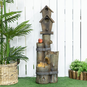 Outsunny - Outdoor Fountain With Birdhouse, Cascading Garden Waterfall Bird Bath With 3 Tier Rustic Tree Trunk / Log Design, LED Lights For Porch, Deck, Yard Decor - Brown