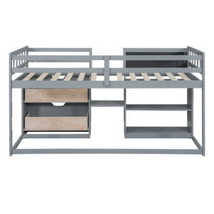 Low Loft Bed With Rolling Desk, Shelf And Drawers