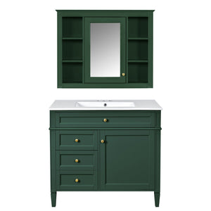 Bathroom Vanity with Mirror Cabinet, Single Sink with 2 Soft Closing Doors and 4 Drawers
