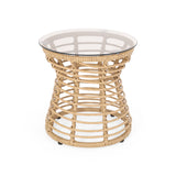 SAN PEDRO Boho Style Side Table with Tempered Glass Top in Light Brown Rattan