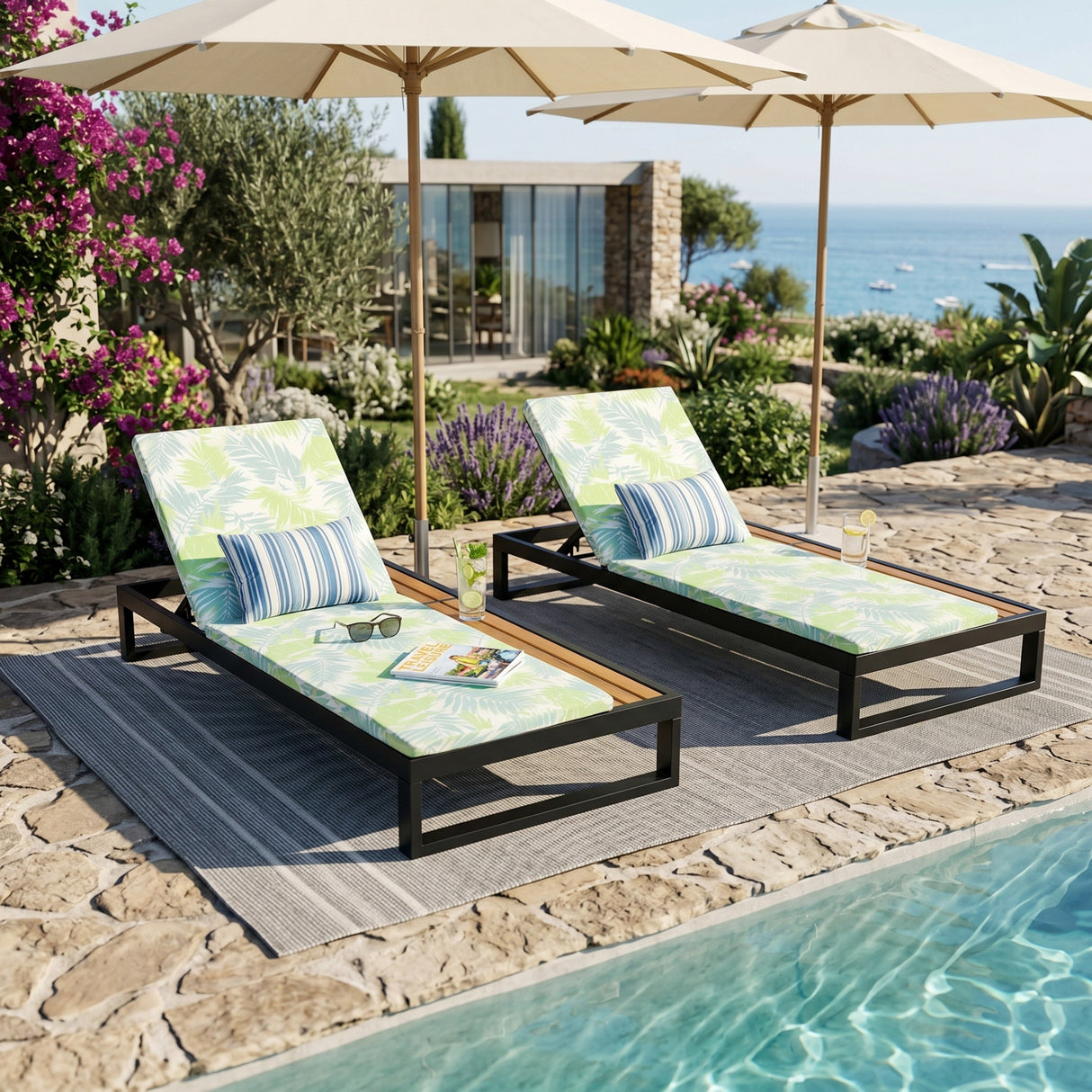 Black Iron & Teak Finish Chaise Lounge Set