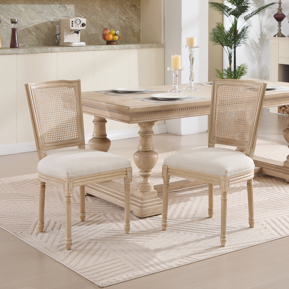 French Country Dining Chairs Set of 2, Upholstered  Chairs with Nature Rattan T-shaped Back, Wire drawing and carving techniques ,Disassemblable ,  for Living Room, Kitchen , Restaurant Use, Beige