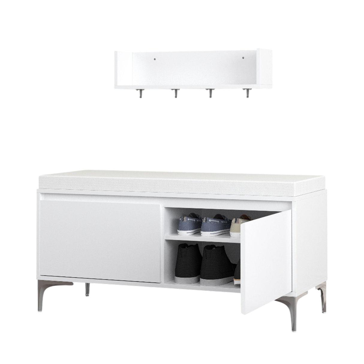 Wall Mounted Entryway Shelf With Hooks And Storage Bench Set - Off White