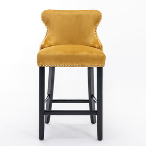 Contemporary Upholstered Wing-Back Barstools With Button Tufted Decoration And Wooden Legs, And Nailhead Trim, Leisure Style Bar Chairs, Bar Stools (Set of 2)
