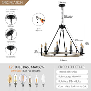 32" Rustic Farmhouse 10-Light Candle Chandelier