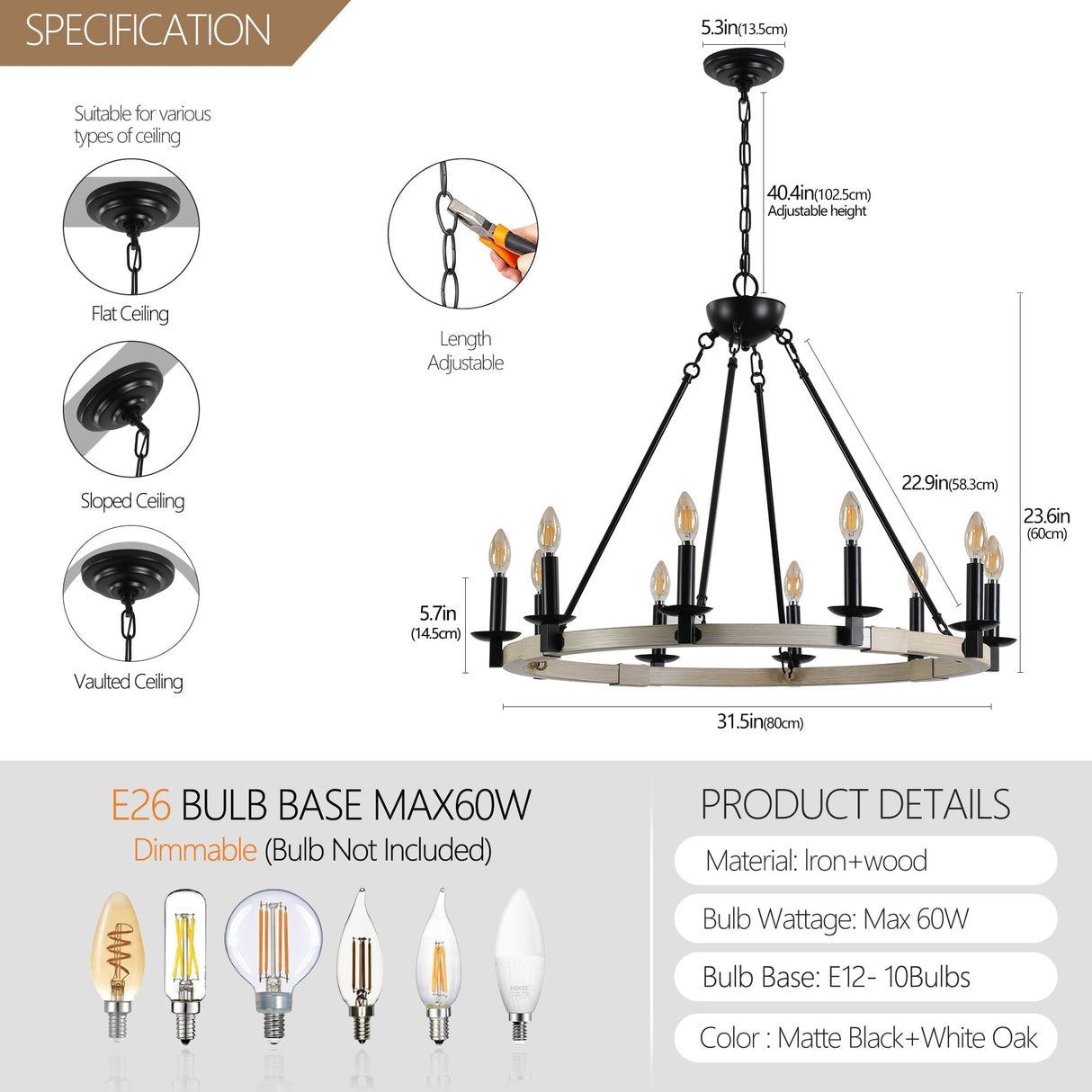 32" Rustic Farmhouse 10-Light Candle Chandelier