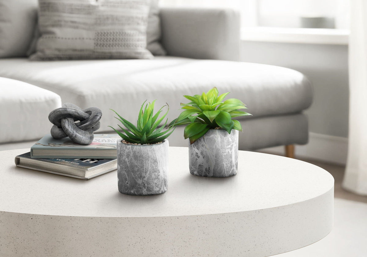 6" Tall, Artificial Plant, Succulent, Indoor, Faux, Fake, Table, Greenery, Potted, Decorative (Set of 2) - Green / Gray