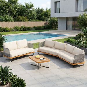 Lucca Outdoor 6 Seaters Acacia Wood and Rope Woven Patio Conversation Set