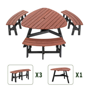 6-Person Semi-Circular Outdoor Solid Fir Wood Picnic Table Set, Rustic