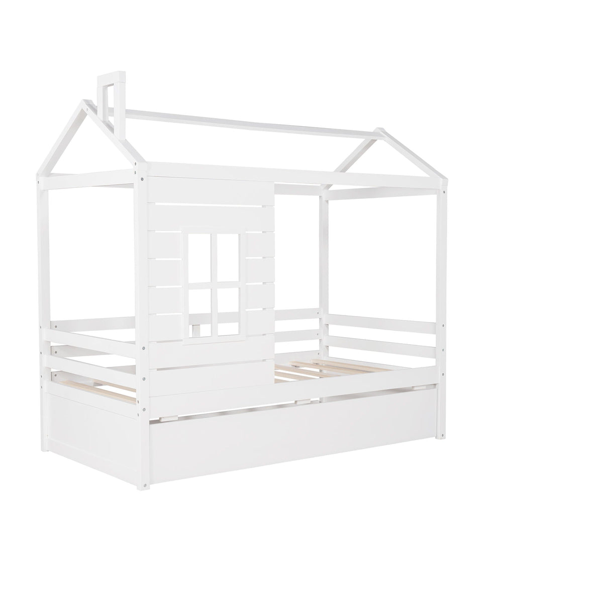 Twin Size Classic House Bed With Twin Size Trundle - White
