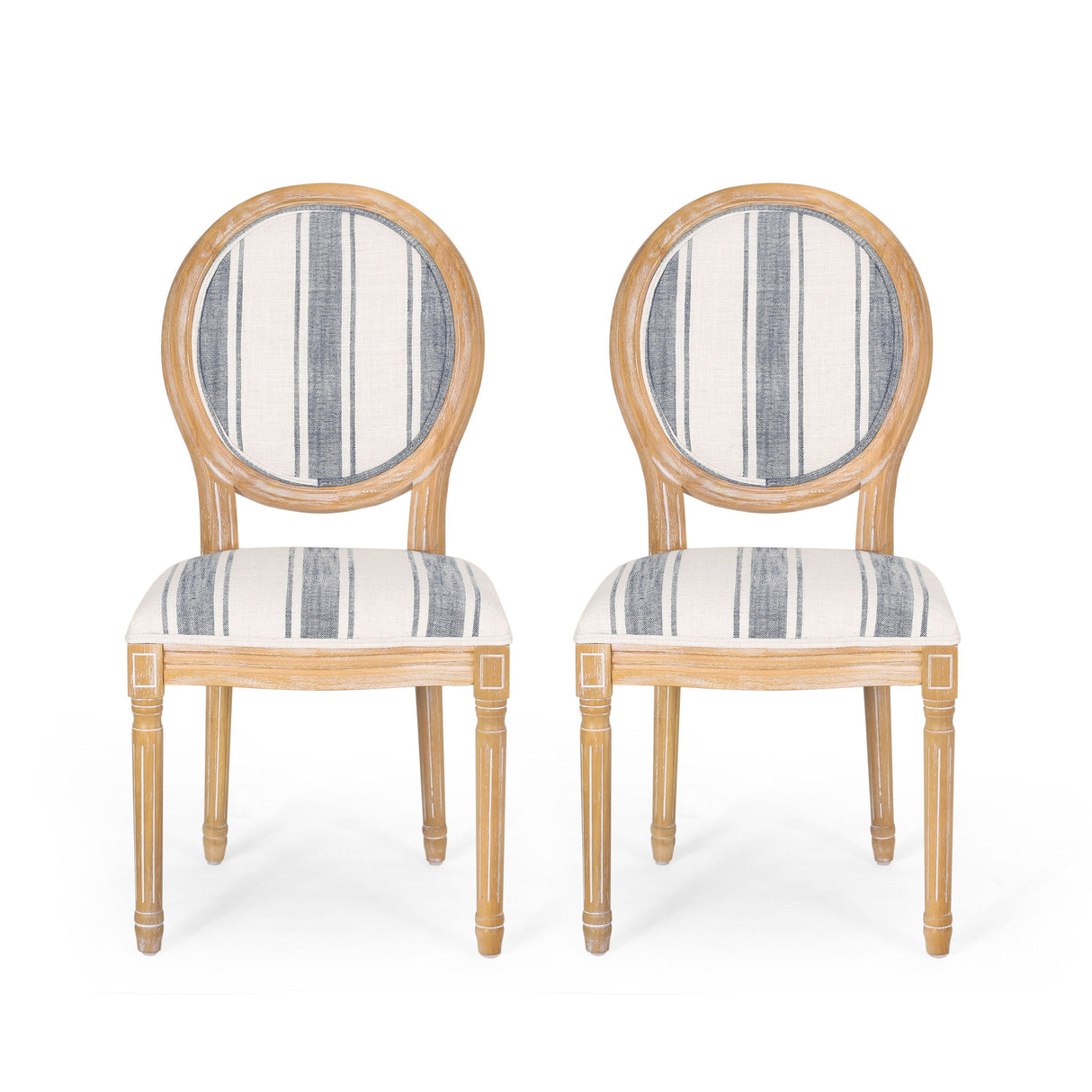 French Country-Inspired KD Dining Chair with Iconic Round Backrest in Blue Fabric