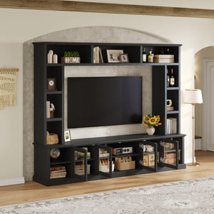 All-In-One Entertainment Center With Bookshelves & Tempered Glass Doors, TV Console Unit For Living Room
