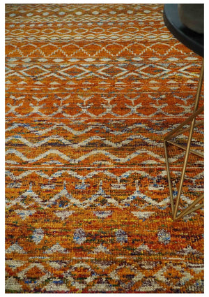 Hand Knotted Gold, Rust and Ivory Modern Contemporary Tribal Trellis Recycled Silk Area Rug
