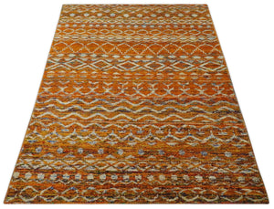 Hand Knotted Gold, Rust and Ivory Modern Contemporary Tribal Trellis Recycled Silk Area Rug