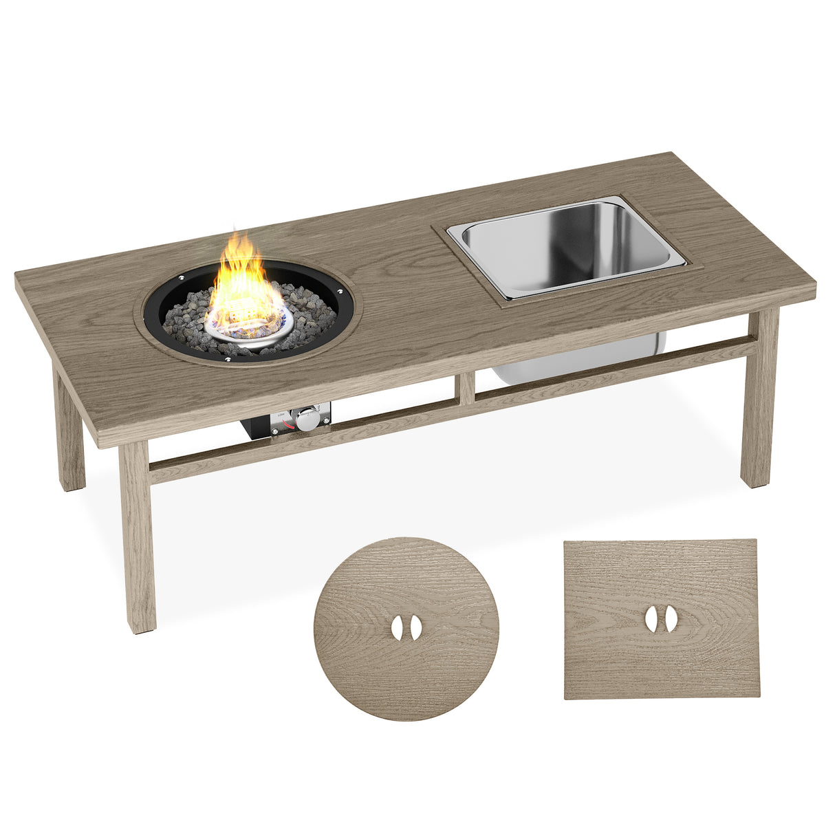 3-in-1 coffee table with ice bucket and fire pit  - beige