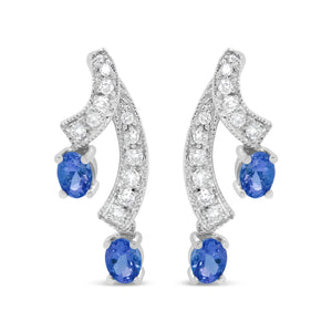 14K White Gold 4x3MM Oval Shaped Natural Blue Tanzanite Gemstone and 1/5 Cttw Diamond Double 3/4" Inch Drop Stud Earrings (H-I Color, VS1-VS2 Clarity)