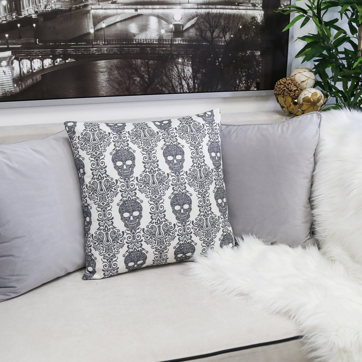 Gothic Damask Skull Throw Pillow Cover with Hidden Zipper - Black & White Cotton Linen
