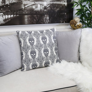 Gothic Damask Skull Throw Pillow Cover with Hidden Zipper - Black & White Cotton Linen
