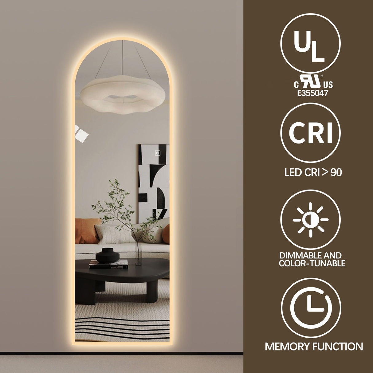 LED Full Length Wall Mirror With Symmetrical Arch Design, Dimmable 3 Color Temperature Lighting - Silver